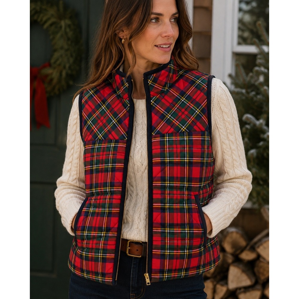 J.Crew Tartan‎ Plaid Wool Blend Puffer Vest Red Holiday Heritage Preppy M